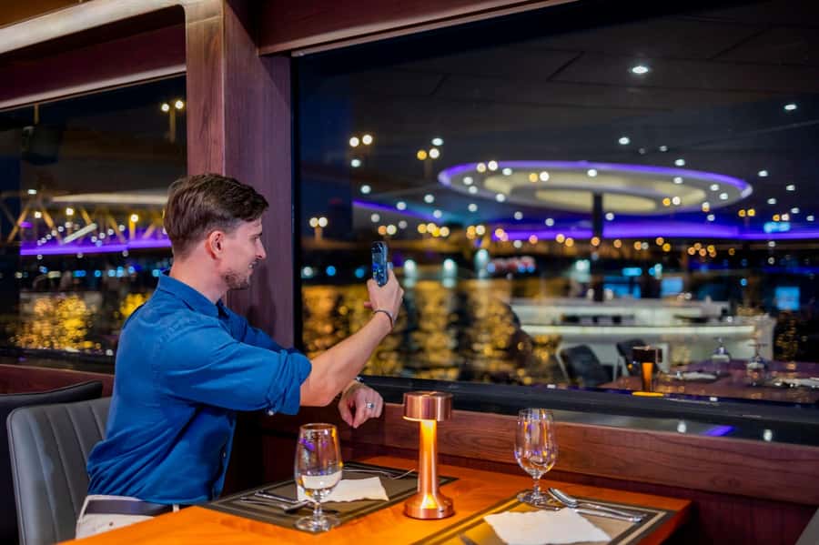 Bangkok: The Opulence Buffet Dinner Cruise with Live Band - Rama VIII Bridge and the city at night